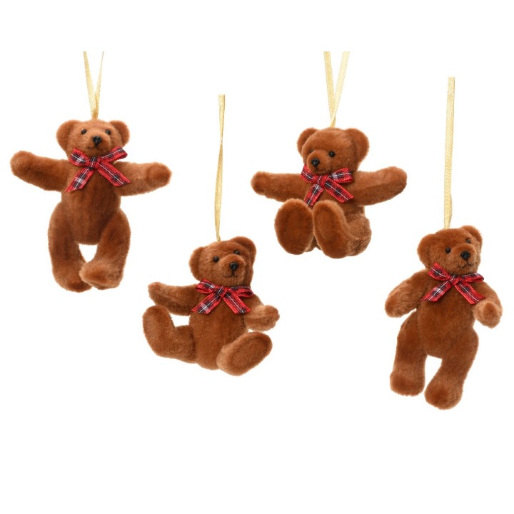 Vier schattige, bruine teddyberen met een strik, hangend aan gele lintjes.