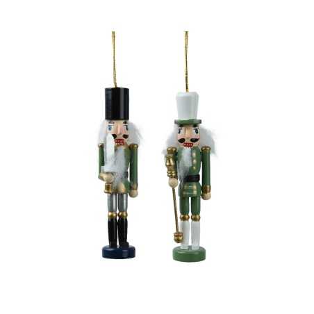 Two colorful nutcracker ornaments with tall hats and festive attire, hanging by golden strings.