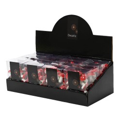A display box filled with red and white candy mushrooms, elegantly packaged.