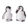 Two cute penguin figurines, fluffy white bodies with gray accents, one with a red beak.