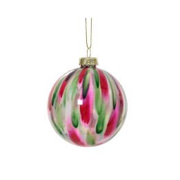 Kleurrijke glazen kerstbal met een patroon van roze, groen en wit, afgewerkt met een gouden kapje.