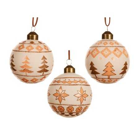 Three decorative Christmas ornaments with warm copper designs on a cream background.