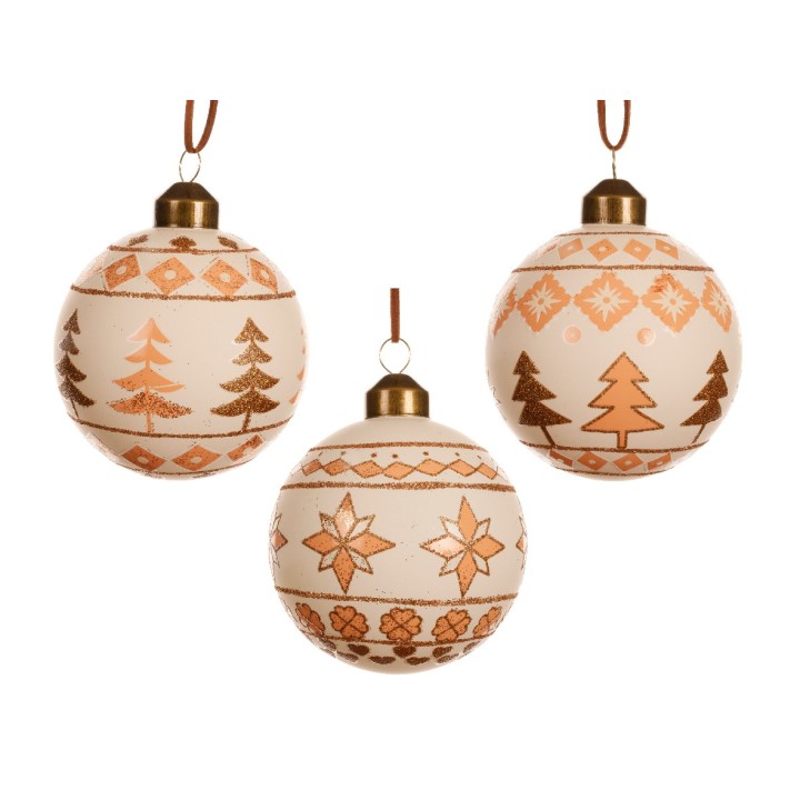 Drie decoratieve kerstballen in wit met koperkleurige patronen van bomen en sterren.