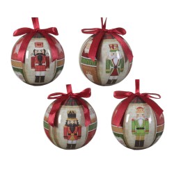 Four decorative Christmas ornaments featuring nutcracker designs, each with red bows.
