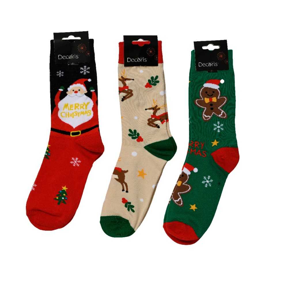 Three festive socks: red, green, and beige, adorned with holiday motifs like Santa and reindeer.