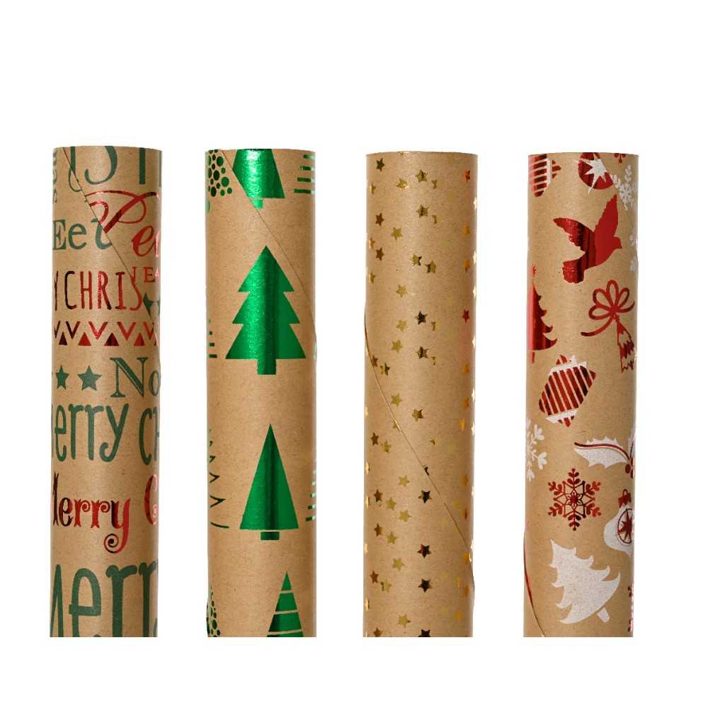 Four festive rolls of wrapping paper with various holiday designs and colors.