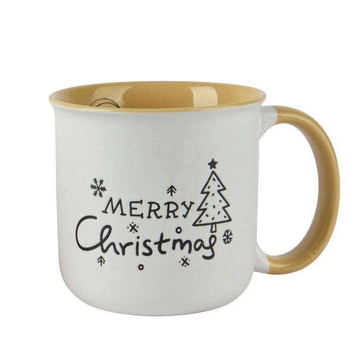Witte mok met gouden rand en handvat, bedrukt met 'MERRY Christmas' en een kerstboom.