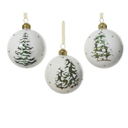 Three white Christmas ornaments featuring snowy tree designs and gold accents.