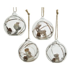 Clear glass ornaments with whimsical woodland creatures and natural elements inside.