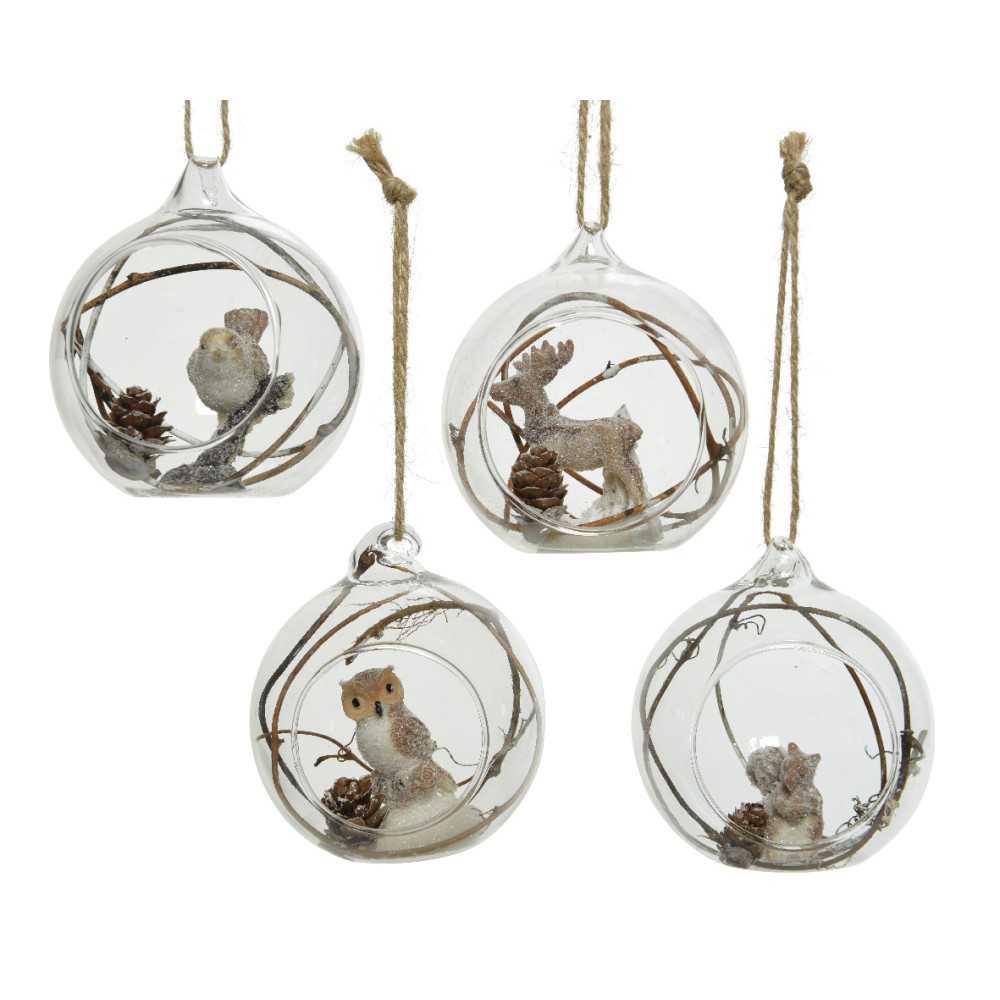 Clear glass ornaments with whimsical woodland creatures and natural elements inside.