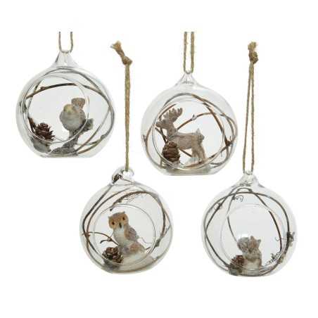 Clear glass ornaments with whimsical woodland creatures and natural elements inside.