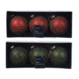 Glazen kerstballen in rood, groen en zwart met gouden zigzagpatronen, verpakt in een doos.