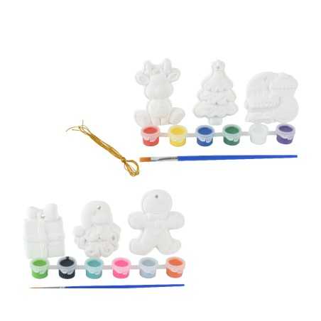 Colorful paint set with ceramic shapes: a reindeer, tree, dinosaur, and gingerbread man. Colorful paint set with ceramic shapes: a reindeer, tree, dinosaur, and gingerbread man.