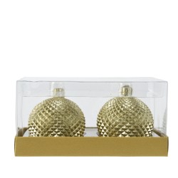 Two shiny gold ornaments with a textured, geometric design, packaged in a clear box.
