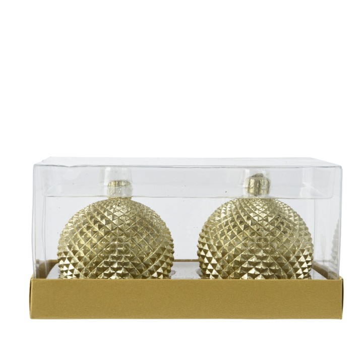 Twee gouden, facetgeslepen kerstballen in een doorzichtige verpakking met een gouden basis.