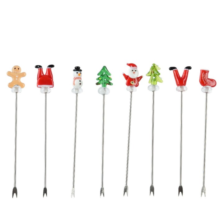 Kleurrijke kerstprikkers met figuren zoals een gingerbreadman, sneeuwman, en kerstboom.
