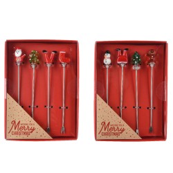 Six festive cocktail stirrers in a red box, featuring cheerful holiday characters.
