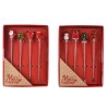Six festive cocktail stirrers in a red box, featuring cheerful holiday characters.