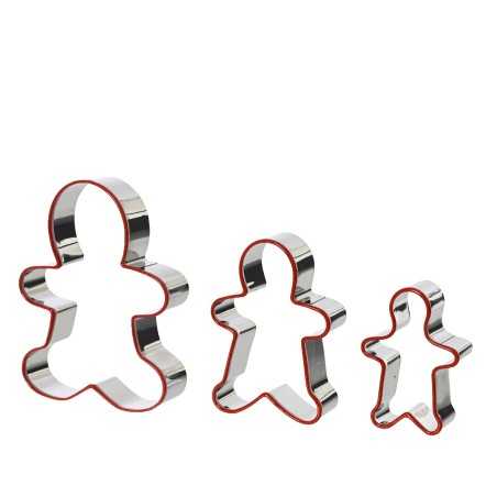 Three metal gingerbread man cookie cutters in varying sizes, with red rubber grips on top.