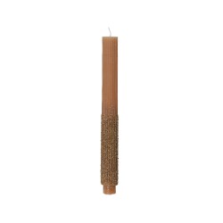 A tall, slender candle with a textured brown base and a smooth top section.