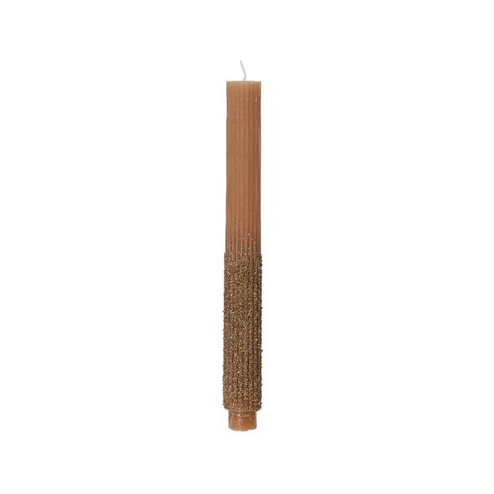 A tall, slender candle with a textured brown base and a smooth top section.