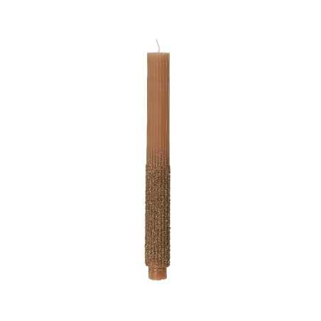 A tall, slender candle with a textured brown base and a smooth top section.