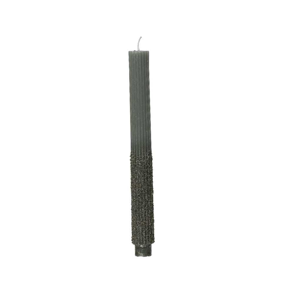 Tall, slender gray candle with a textured base and vertical ridges.