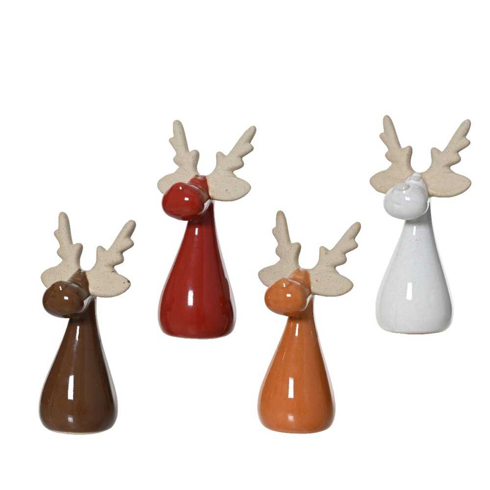 Four stylized ceramic reindeer in warm hues with antlers, each featuring a unique color.
