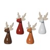 Four stylized ceramic reindeer in warm hues with antlers, each featuring a unique color.