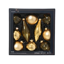 A set of ten shiny gold glass Christmas ornaments in various shapes and sizes.