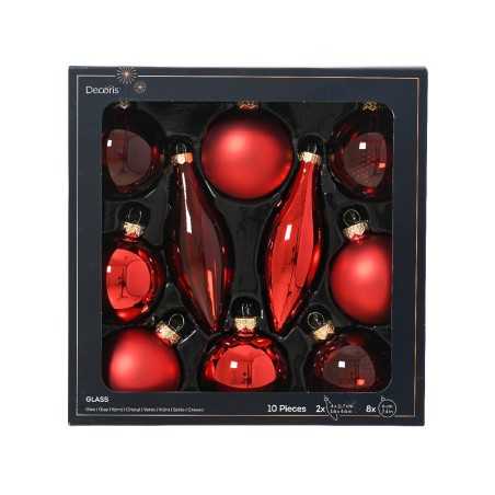 A boxed set of shiny red glass Christmas ornaments in various shapes and sizes.