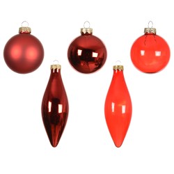 Five red Christmas ornaments in various shapes and finishes, including glossy and matte textures.