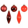 Five red Christmas ornaments in various shapes and finishes, including glossy and matte textures.