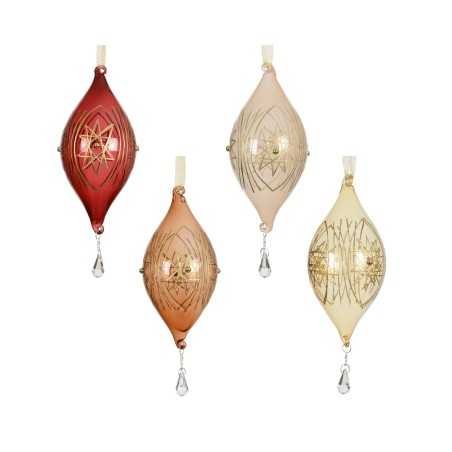 Vier elegante kerstballen in warme tinten met gouden versieringen en glinsterende druppels.