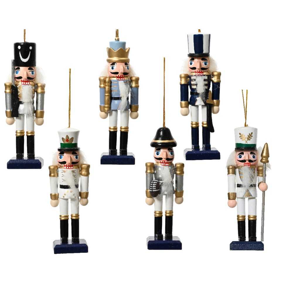 Six colorful nutcracker figures, each with unique outfits and festive details.