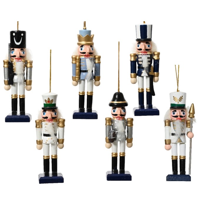 Zes kleurrijke houten notenkrakers in verschillende uniformen en stijlen, met gouden accenten.