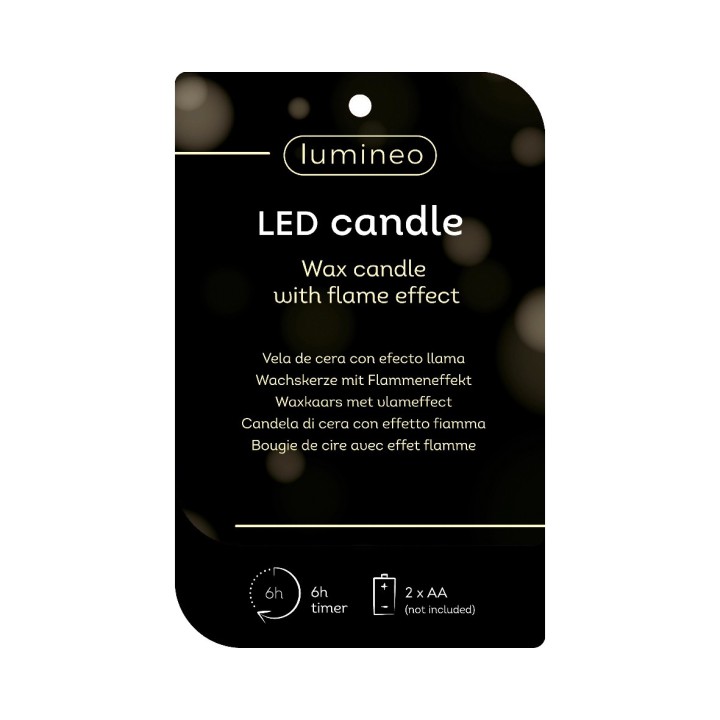Zwart etiket met gouden bollen, beschrijving van een LED-kaars met timerfunctie.