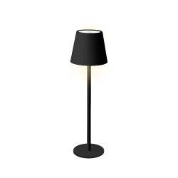 A sleek black floor lamp with a tapered shade and a circular base, emitting soft light.