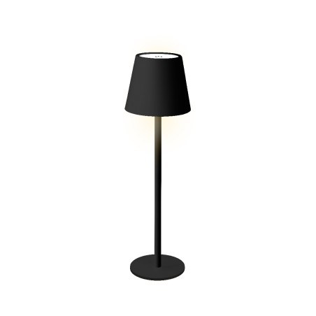 A sleek black floor lamp with a tapered shade and a circular base, emitting soft light. A sleek black floor lamp with a tapered shade and a circular base, emitting soft light.