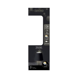 A sleek black table lamp with a minimalist design, showcased in stylish packaging.