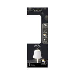 Een moderne tafellamp met een witte lampenkap en een slanke metalen voet.