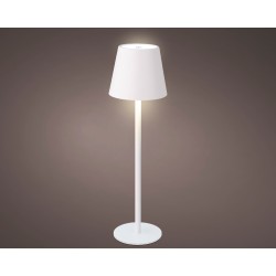 Een moderne witte vloerlamp met een elegante, ronde voet en een stoffen kap.