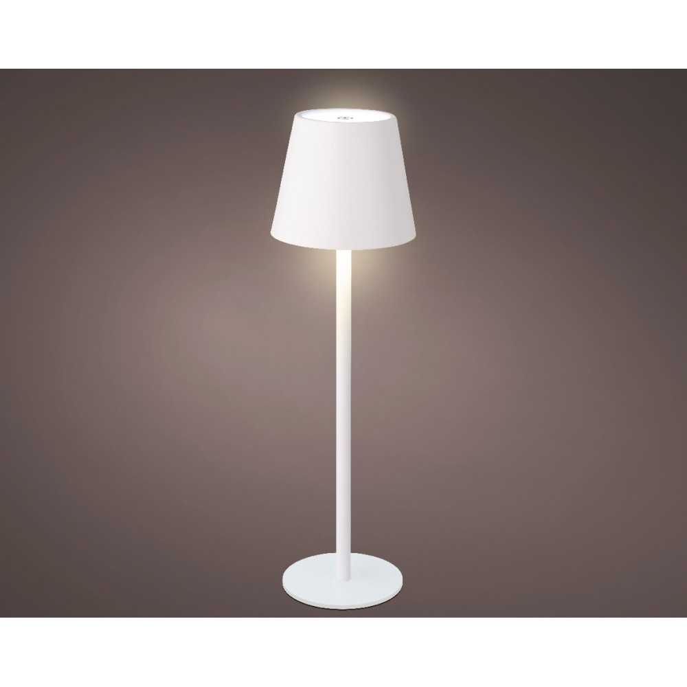 A sleek, modern floor lamp with a white shade and a slender white stand, softly glowing.