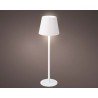 A sleek, modern floor lamp with a white shade and a slender white stand, softly glowing.
