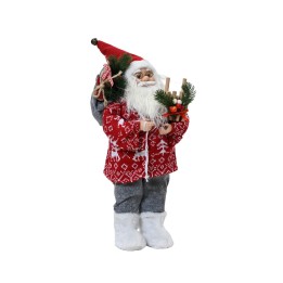 Een kerstman in een rode trui met sneeuwvlokken, grijze broek en witte laarzen, met een zak en ta...