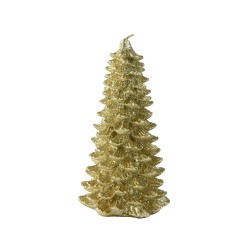 Gouden kerstboom van glinsterend materiaal met meerdere takken en een puntige top.