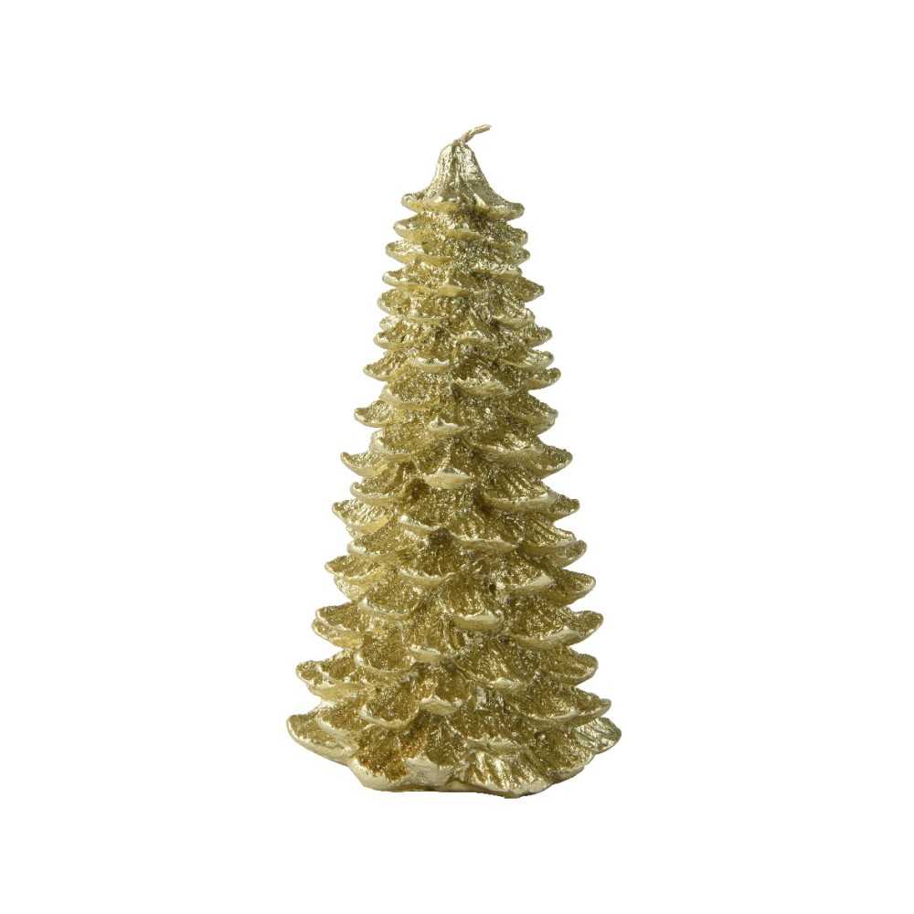 A shimmering gold candle shaped like a Christmas tree, adorned with glittery details.