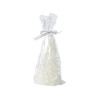 A translucent bag filled with white decorative items, tied with a silver ribbon.
