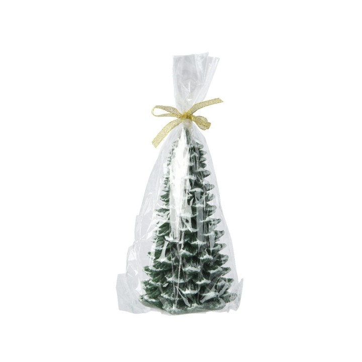 A small green Christmas tree wrapped in clear plastic with a golden bow on top.
