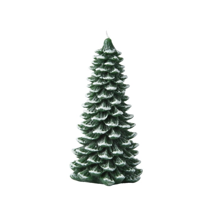 A textured green candle shaped like a Christmas tree with snowy tips.